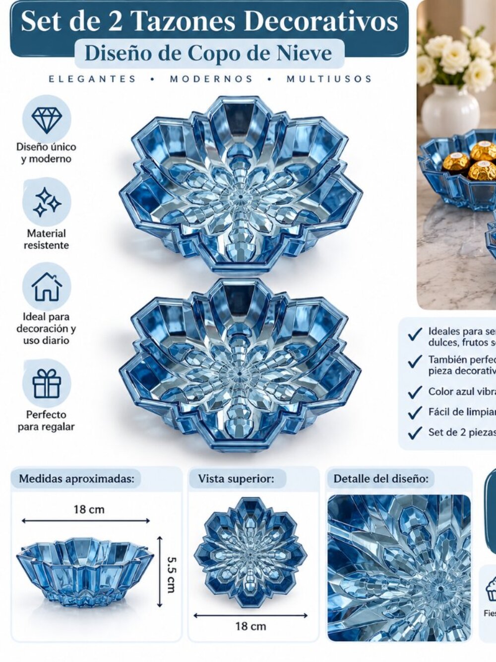 Set de 2 Tazones Decorativos Azules ❄️ – Diseño Copo de Nieve – Nuevos